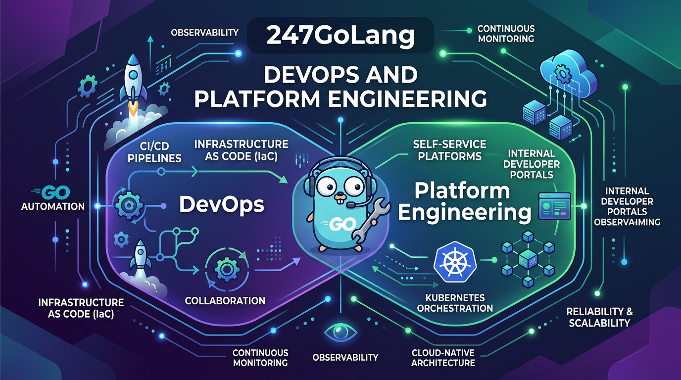 DevOps and platform engineering diagram showing CI/CD, IaC, observability, and self-service platforms