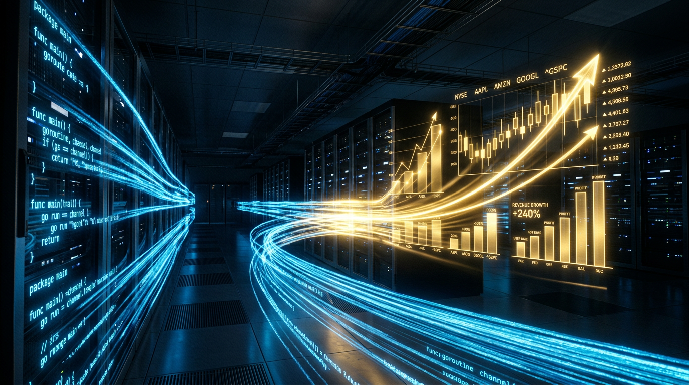 Fintech data center corridor with Go code and financial trading charts