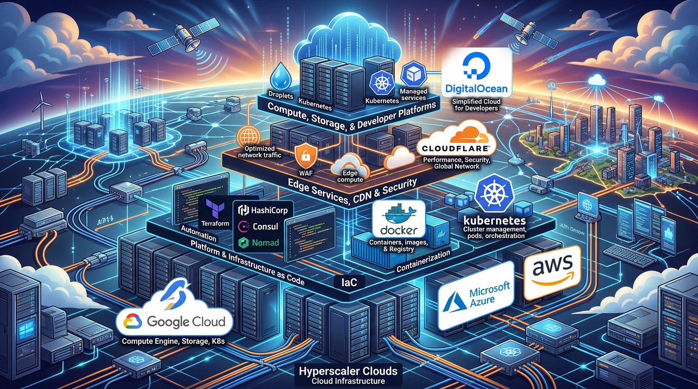 Cloud infrastructure landscape with Kubernetes, clouds, edge, and infrastructure as code tools